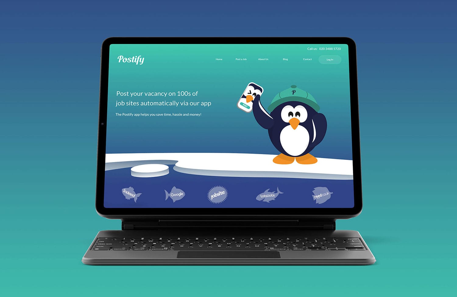Postify Recruitment website on a laptop.
