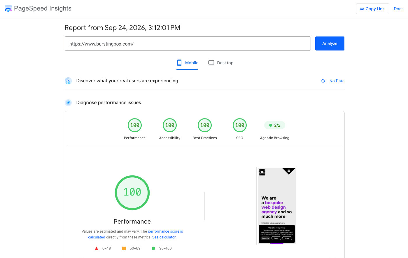 An image of the SEO performance of a bespoke website.