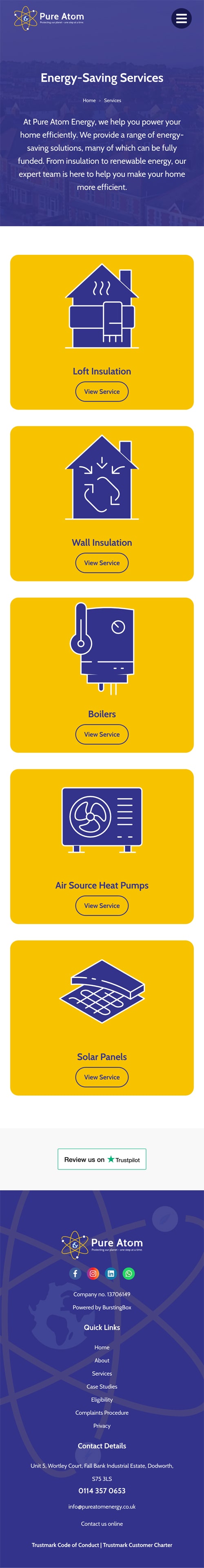 A concept of the Pure Atom Energy services page on a mobile phone.