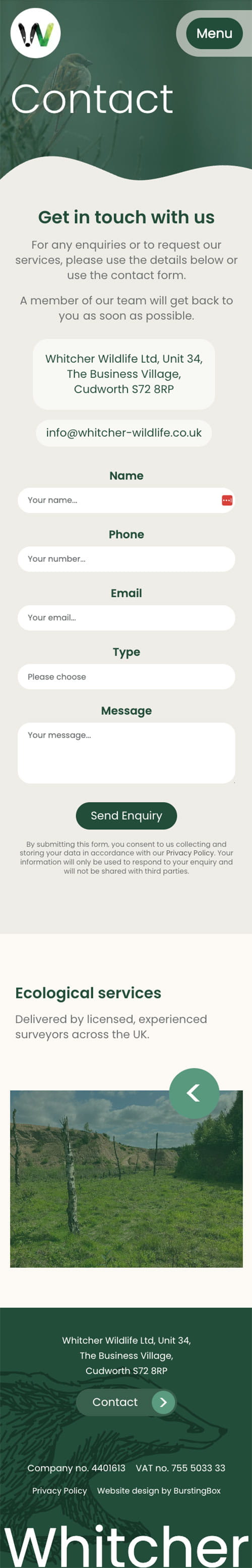A concept of the Whitcher Wildlife contact page on a mobile phone.