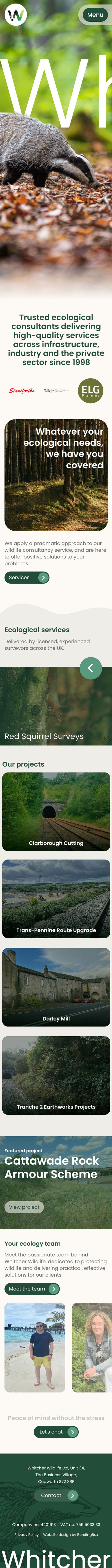 A concept of the Whitcher Wildlife homepage on a mobile phone.