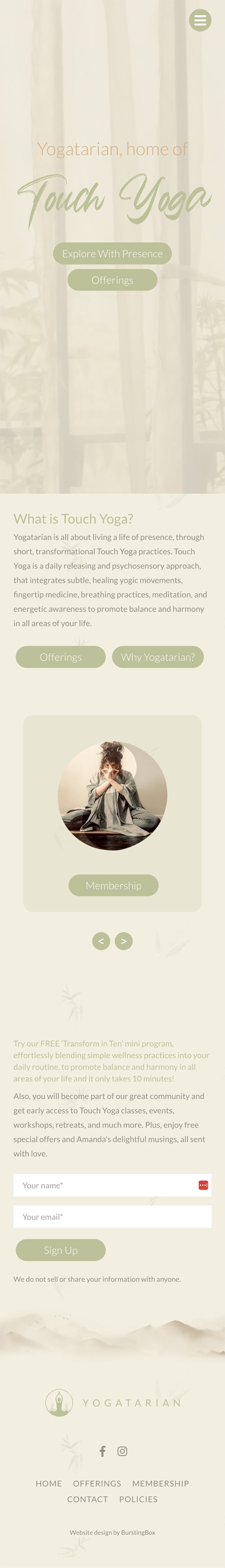 A concept of the Yogatarian homepage on a mobile phone.